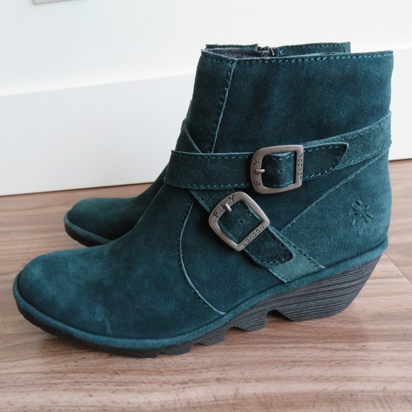 FLY LONDON Perz Suede Leather Ankle Wedge Buckle Boots Dark Petrol Size US 7.5/8 - Picture 7 of 16